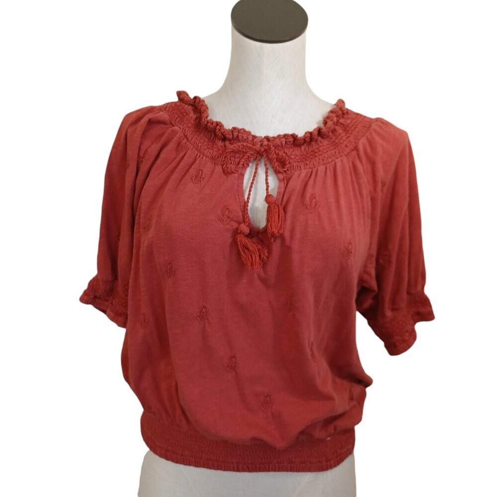 Lucky Brand Top Rust Boho Peasant‎ Style Short Sleeve Popover Womens Small
